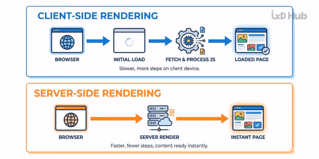 Architectural diagram comparing Client-Side Rendering in React SPAs with Server-Side Rendering in Next.js applications.
